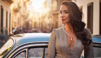 Elegant Woman Posing Beside Vintage Car In European Street