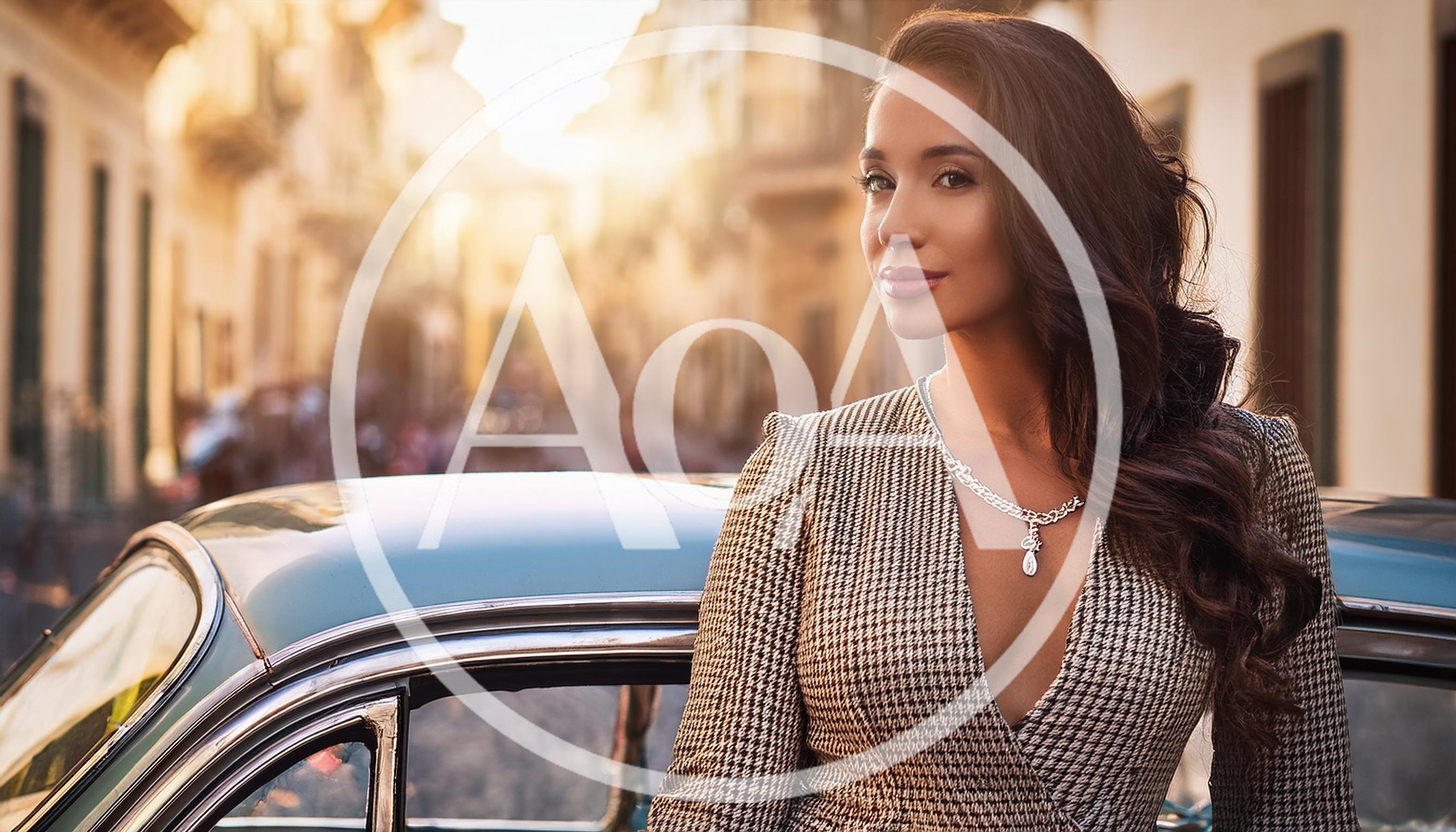 Elegant Woman Posing Beside Vintage Car In European Street