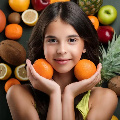 Young Girl Holding Oranges Against Fruit Background
