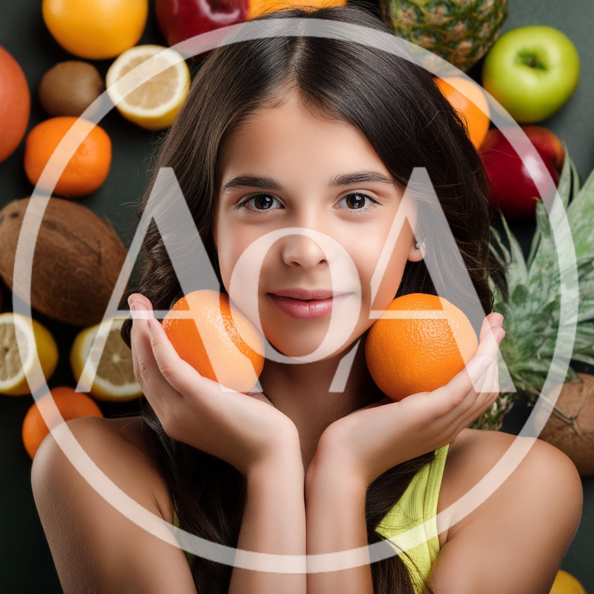 Young Girl Holding Oranges Against Fruit Background