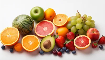 Assorted Fresh Fruits and Vegetables on White Background