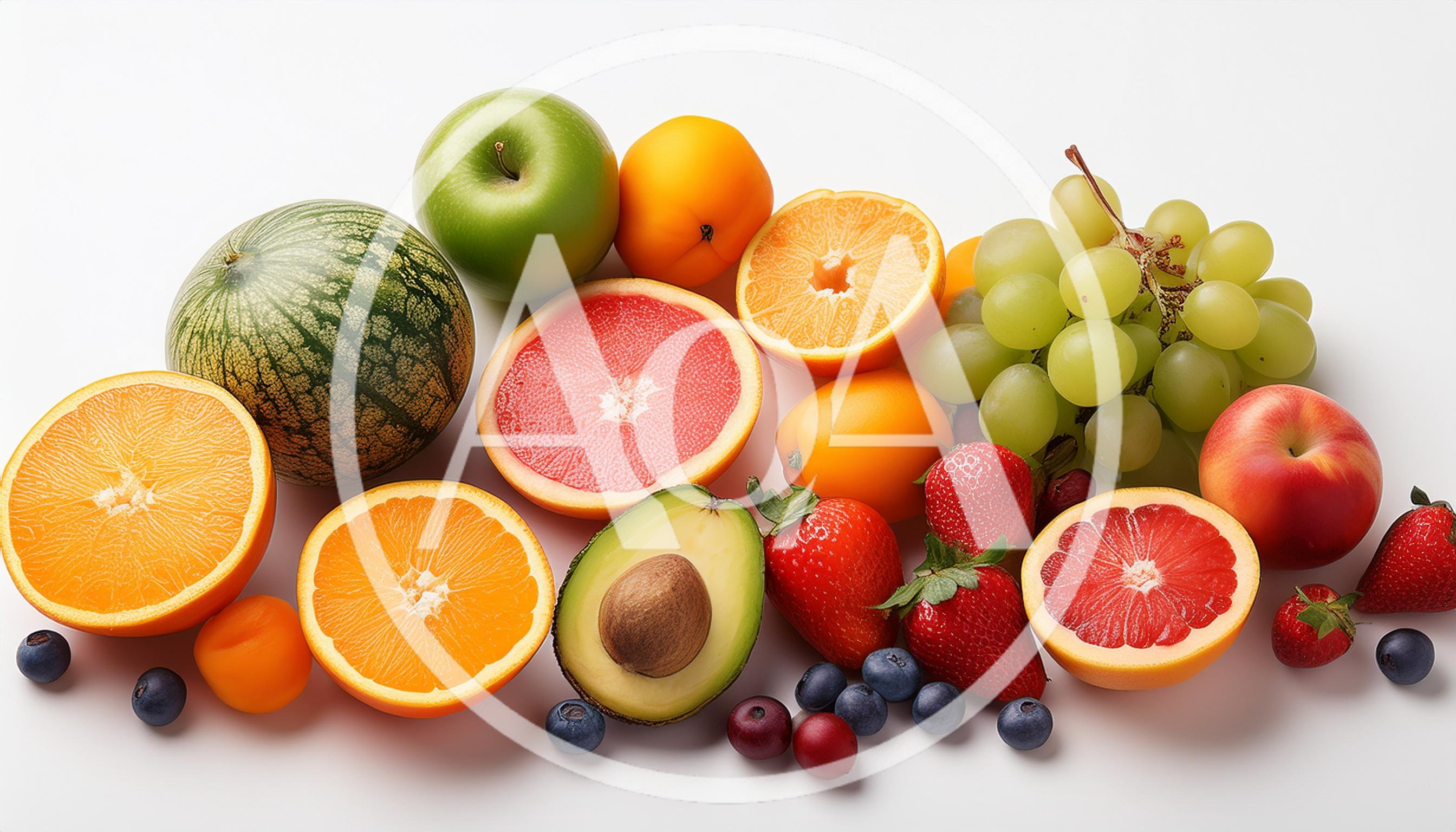 Assorted Fresh Fruits and Vegetables on White Background