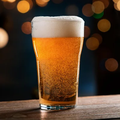 Glass Of Golden Beer With Frothy Head On Wooden Table