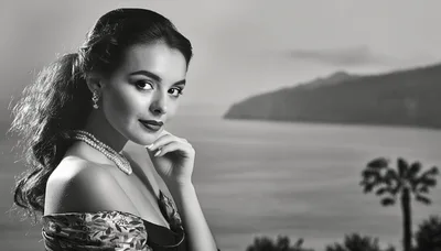 Elegant Woman Posing With Pearl Necklace By The Sea