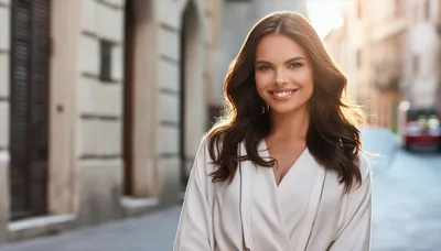 Smiling Woman With Wavy Hair In White Robe