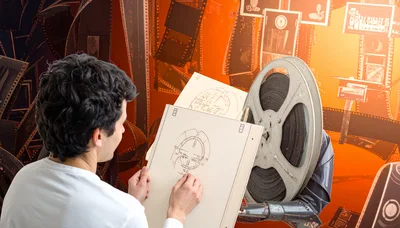 Artist Sketching Film Reel Design In Studio