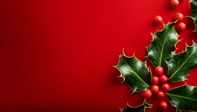 Christmas Holly Berries and Leaves on Red Background