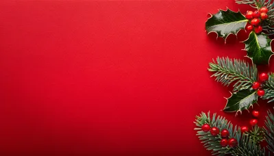 Christmas Holly and Pine Branches on Red Background