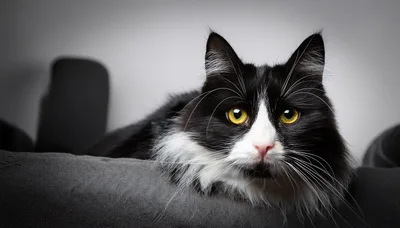 Black and White Long-Haired Cat Resting on Sofa