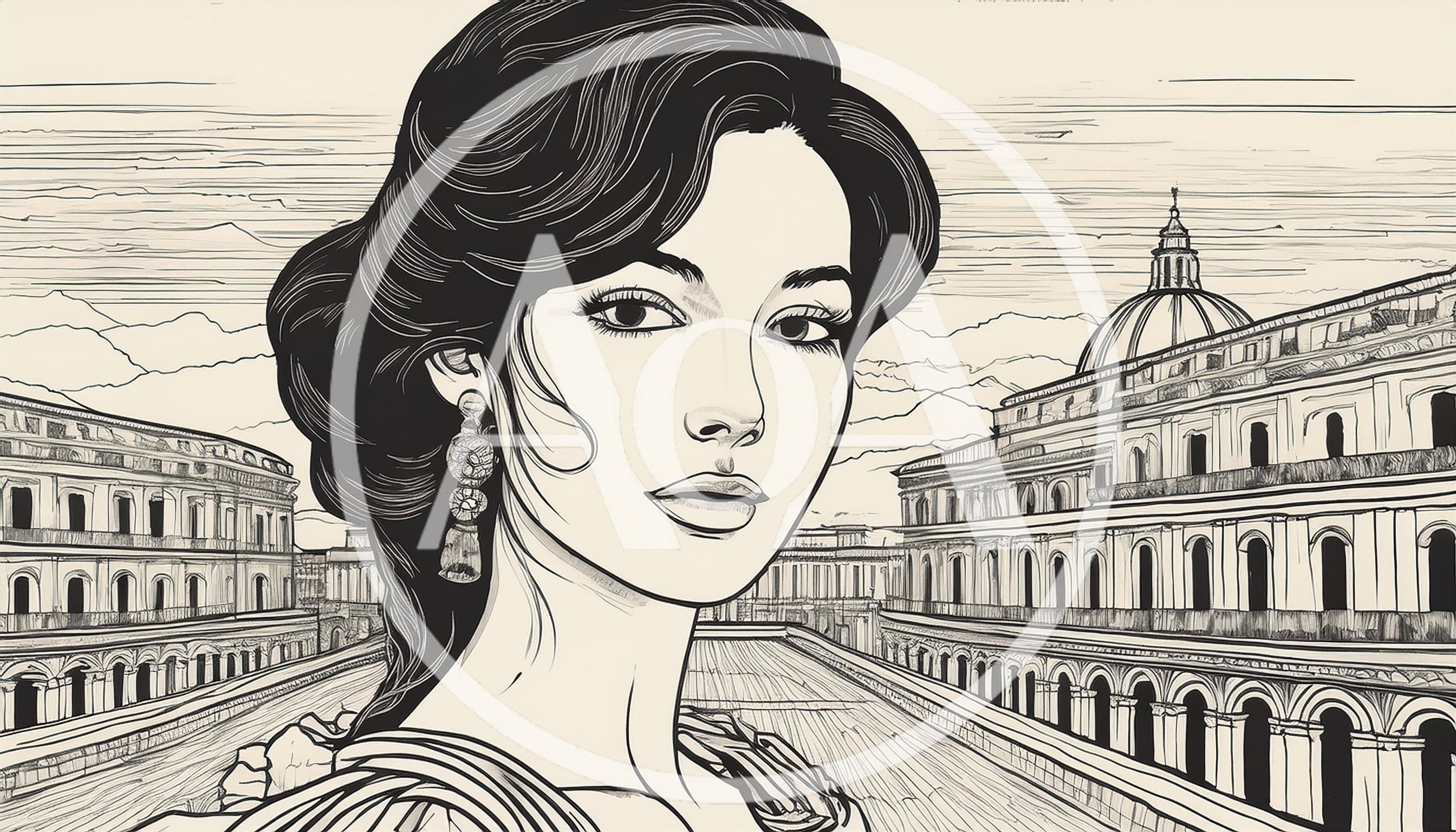 Elegant Woman Portrait With Classical Italian Architecture Background