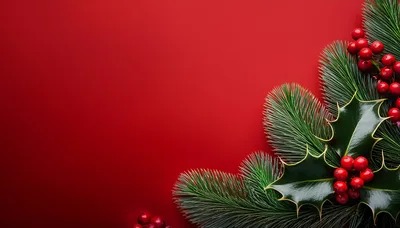 Christmas Holly and Pine Branches on Red Background