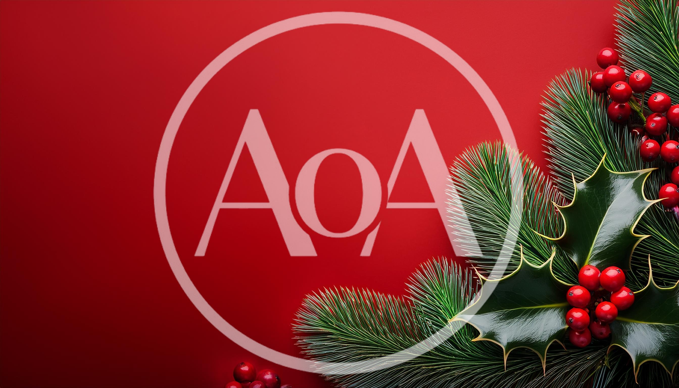 Christmas Holly and Pine Branches on Red Background