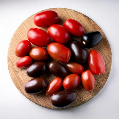 Assorted Fresh Heirloom Tomatoes on Wooden Cutting Board