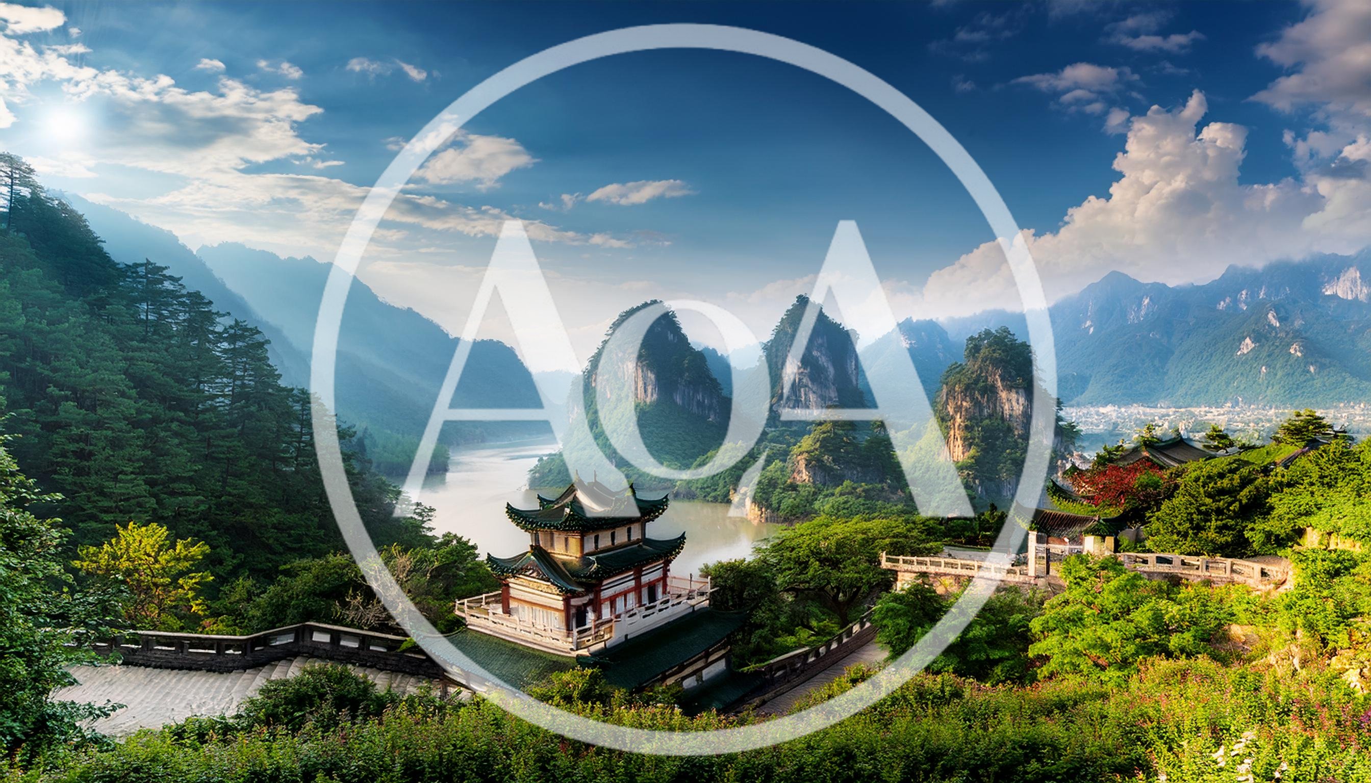 Traditional Chinese Pagoda Overlooking Misty River and Mountains