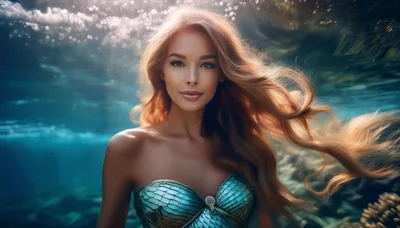 Beautiful Mermaid Swimming Underwater In Clear Ocean Waters