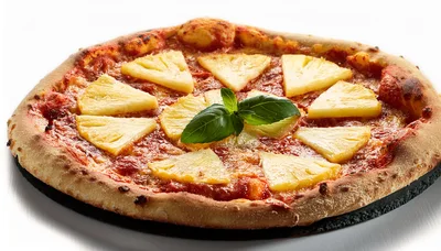 Fresh Pineapple Pizza With Basil Leaves On Dark Board
