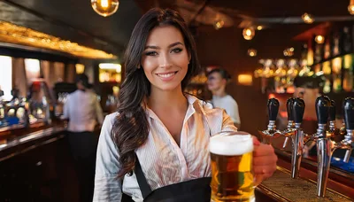 Smiling Female Bartender Serving A Fresh Beer