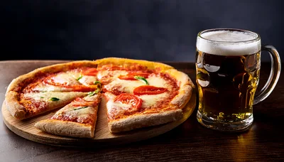 Pizza And Beer On A Wooden Table