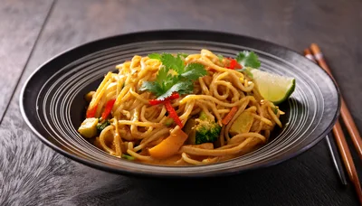 Bowl Of Spicy Thai Peanut Noodles With Vegetables