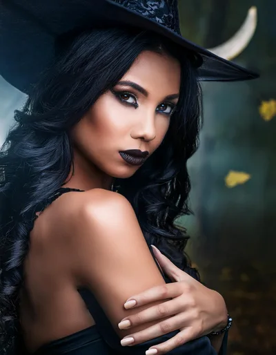 Portrait Of A Beautiful Witch In A Dark Forest