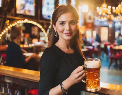 Young Woman Holding A Beer Mug In A Pub
