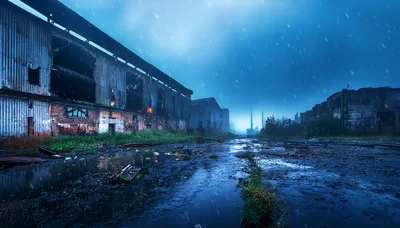 Abandoned Industrial Factory Complex Under Rainy Night Sky