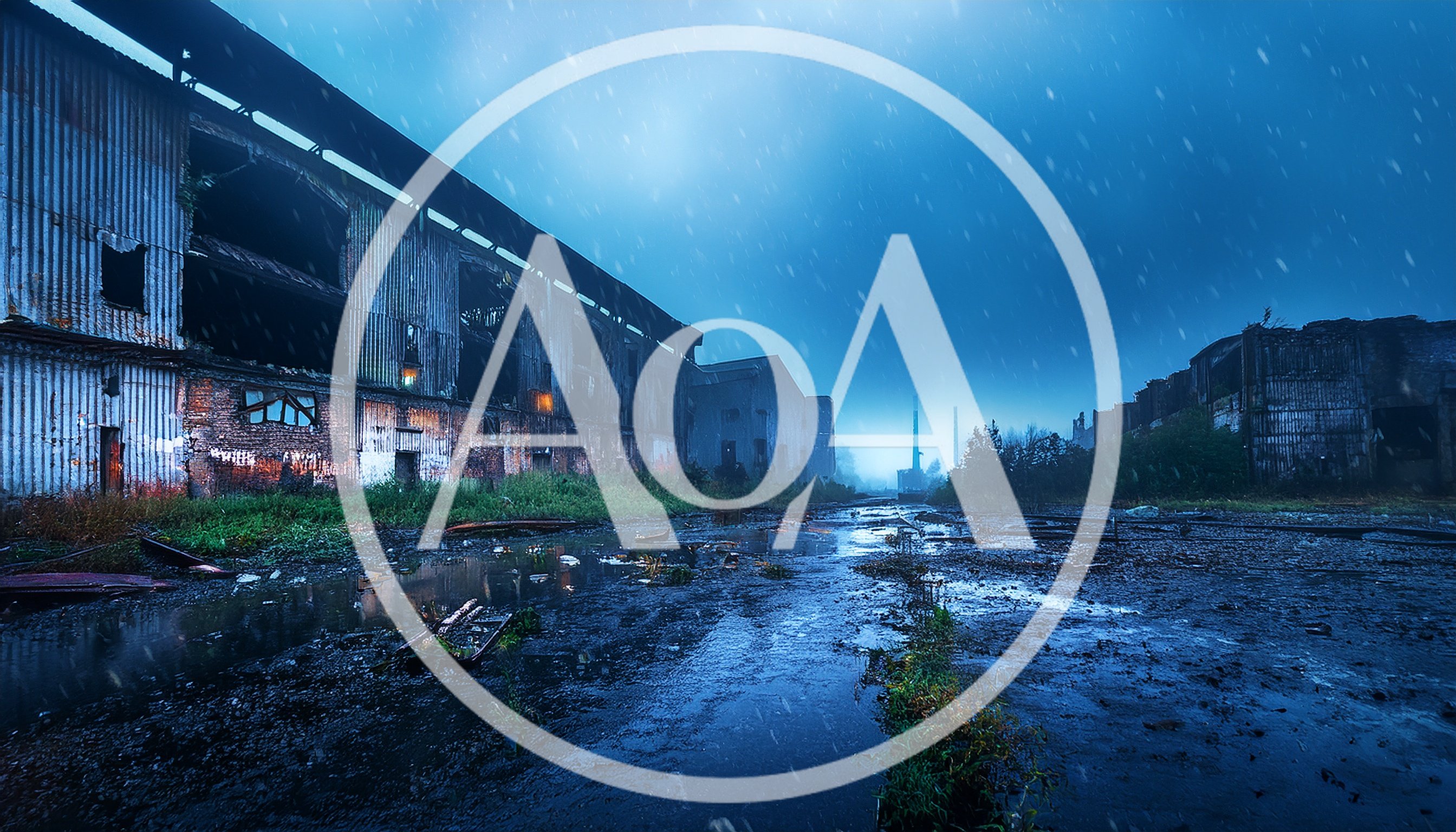 Abandoned Industrial Factory Complex Under Rainy Night Sky