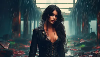 Gothic Woman Standing In Rain Amidst Industrial Ruins