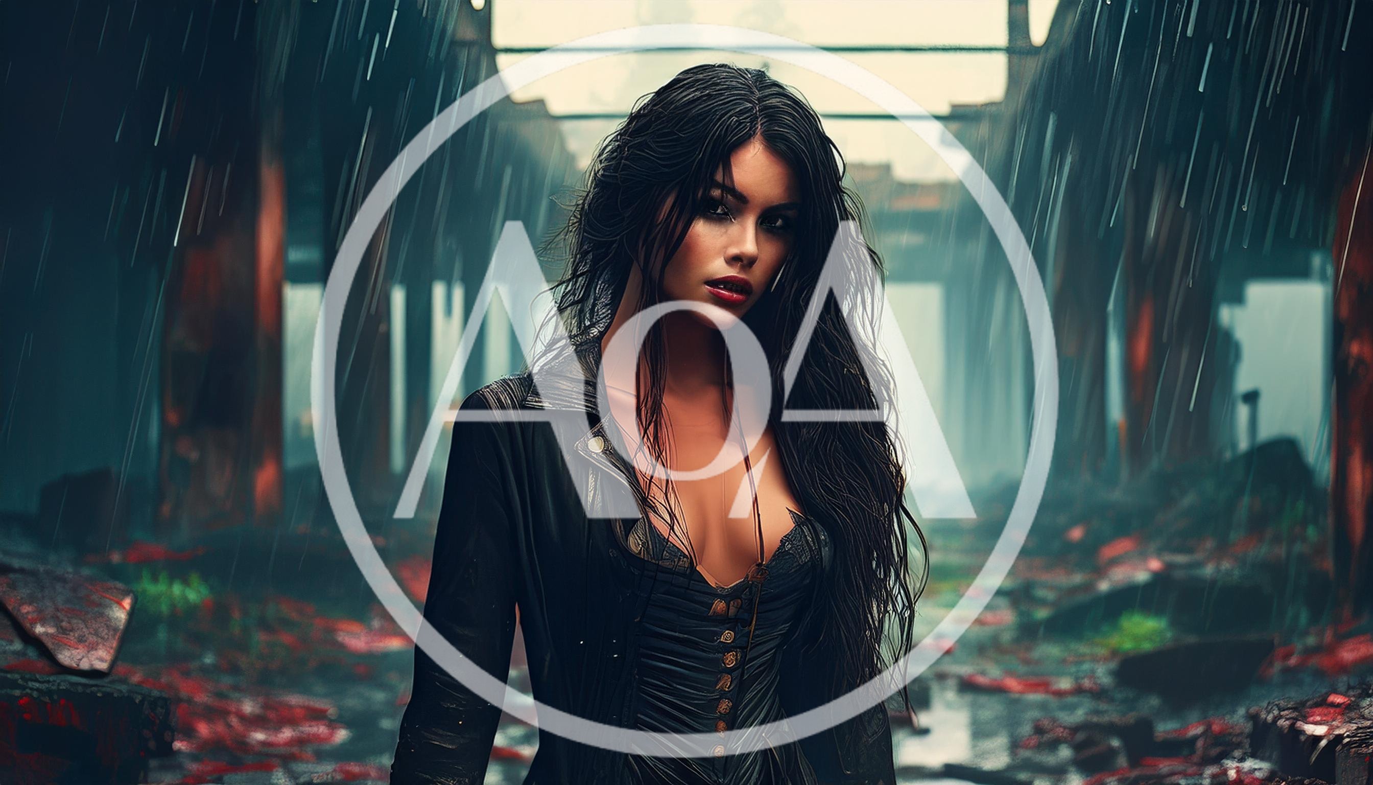 Gothic Woman Standing In Rain Amidst Industrial Ruins