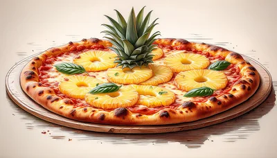 Whole Pineapple Topped Pizza On Wooden Board
