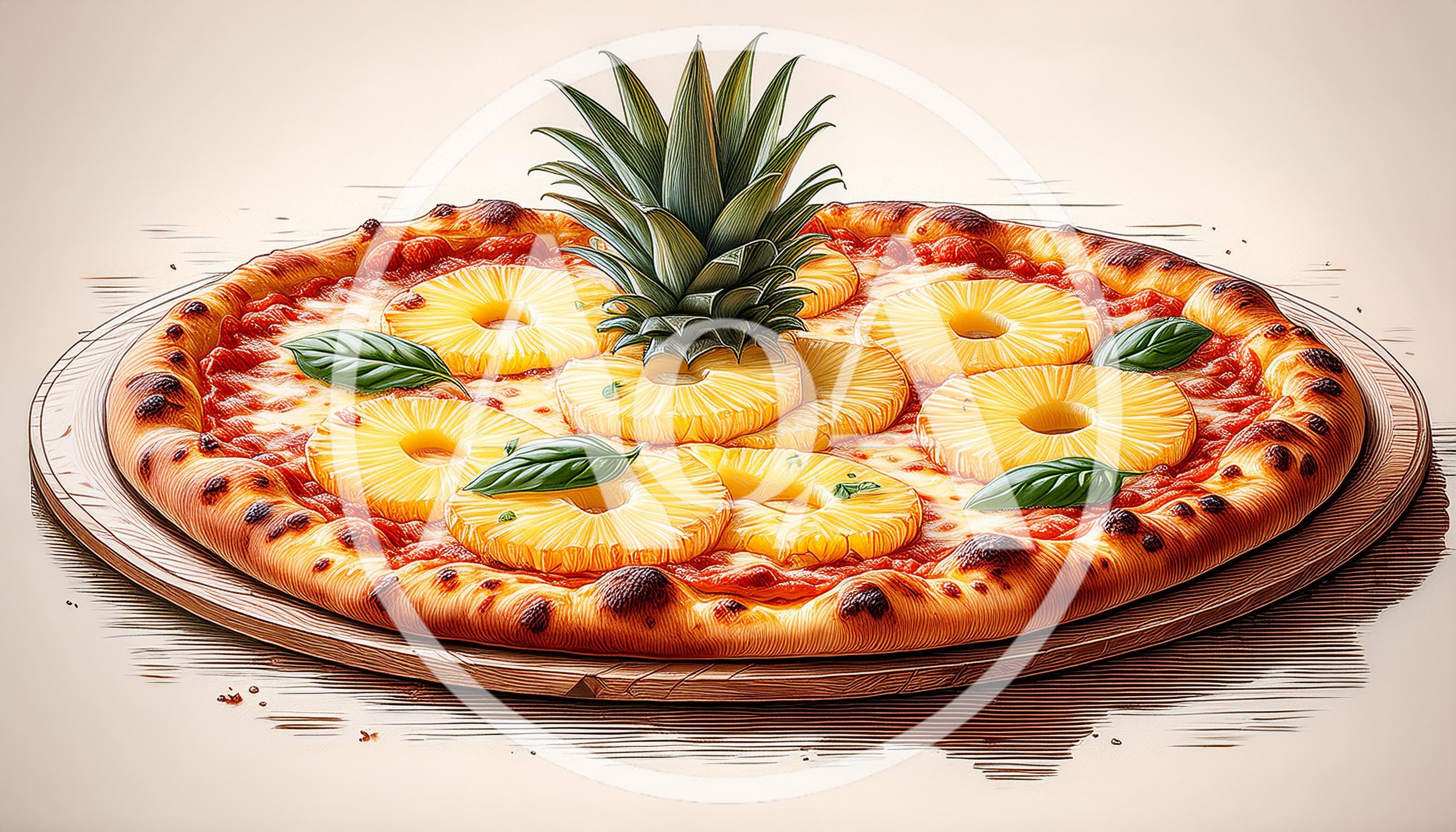Whole Pineapple Topped Pizza On Wooden Board