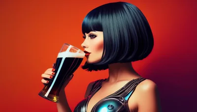 Stylish Woman Drinking Dark Beer Against Red Background