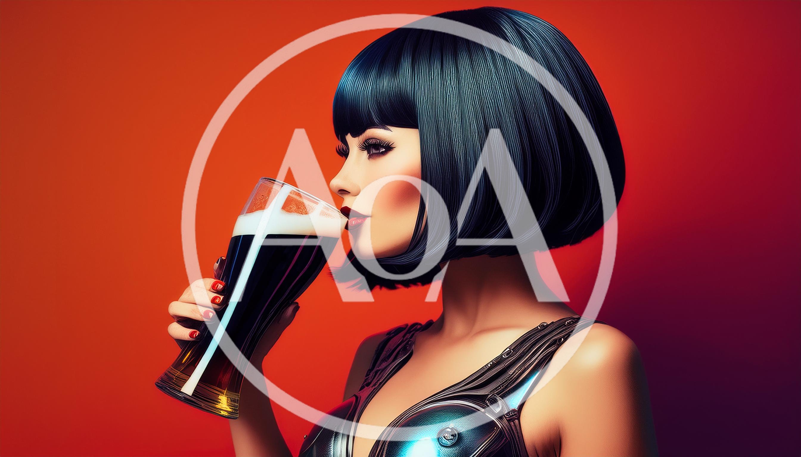 Stylish Woman Drinking Dark Beer Against Red Background