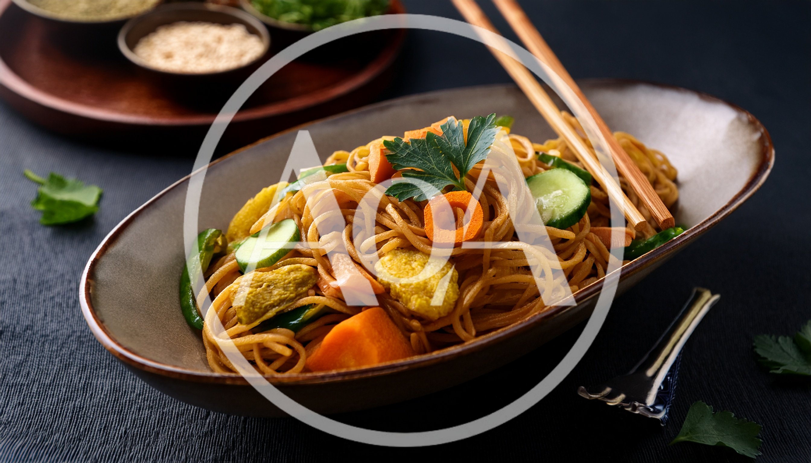 Stir Fried Noodles With Vegetables In A Ceramic Bowl
