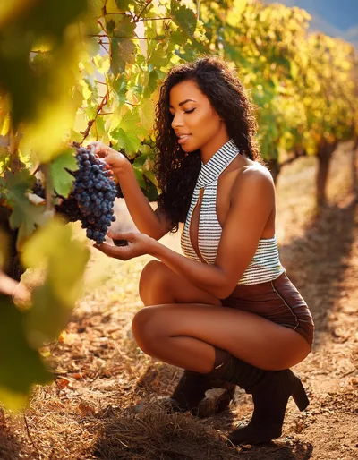 Young Woman Harvesting Grapes in a Sunny Vineyard