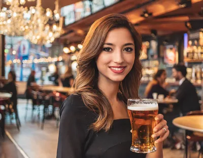 Young Woman Holding A Glass Of Beer In A Bar