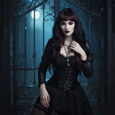 Gothic Woman Standing Before An Iron Gate At Night