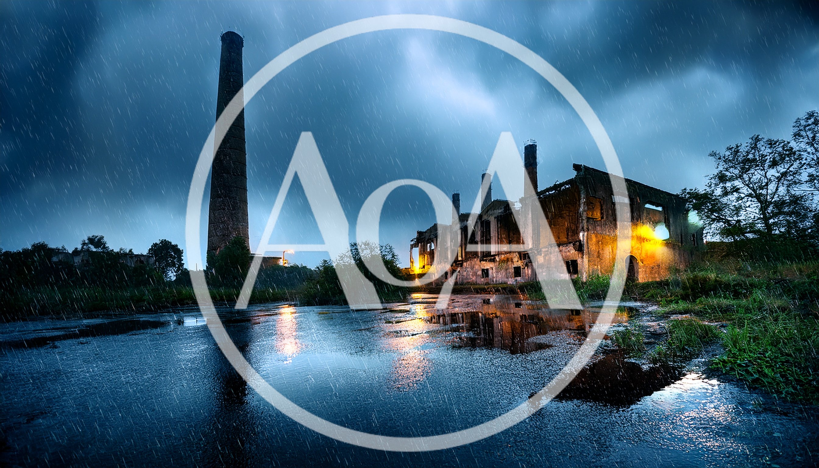 Abandoned Industrial Factory Ruins Under Stormy Rain
