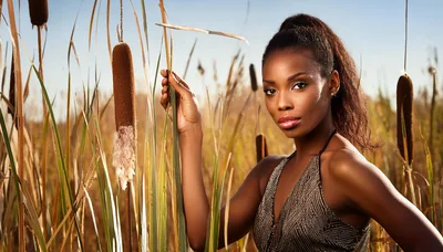 Portrait of a Beautiful Woman in a Reed Field