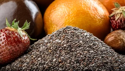 Pile Of Chia Seeds With Fresh Fruit