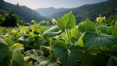 Cucumber Plants Growing In A Sunny Mountain Field