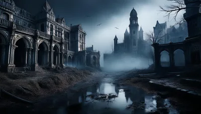 Abandoned Gothic Mansion In A Dark Foggy Landscape