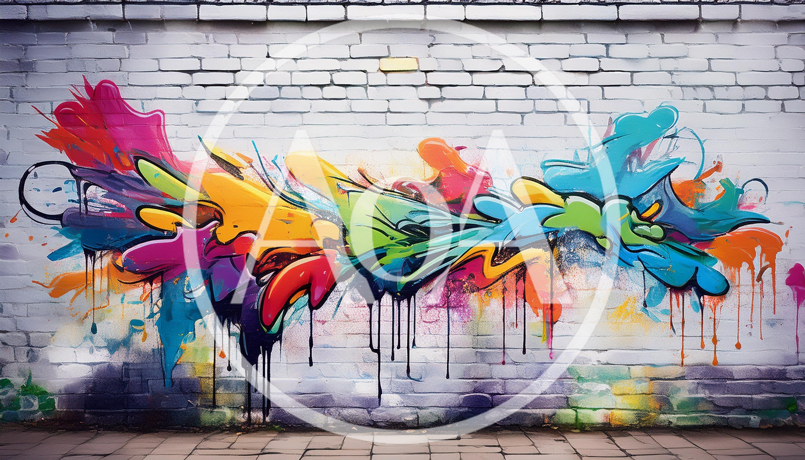 Vibrant Abstract Graffiti Mural On White Brick Wall