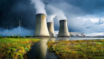 Nuclear Power Plant Cooling Towers Under Stormy Rainy Sky