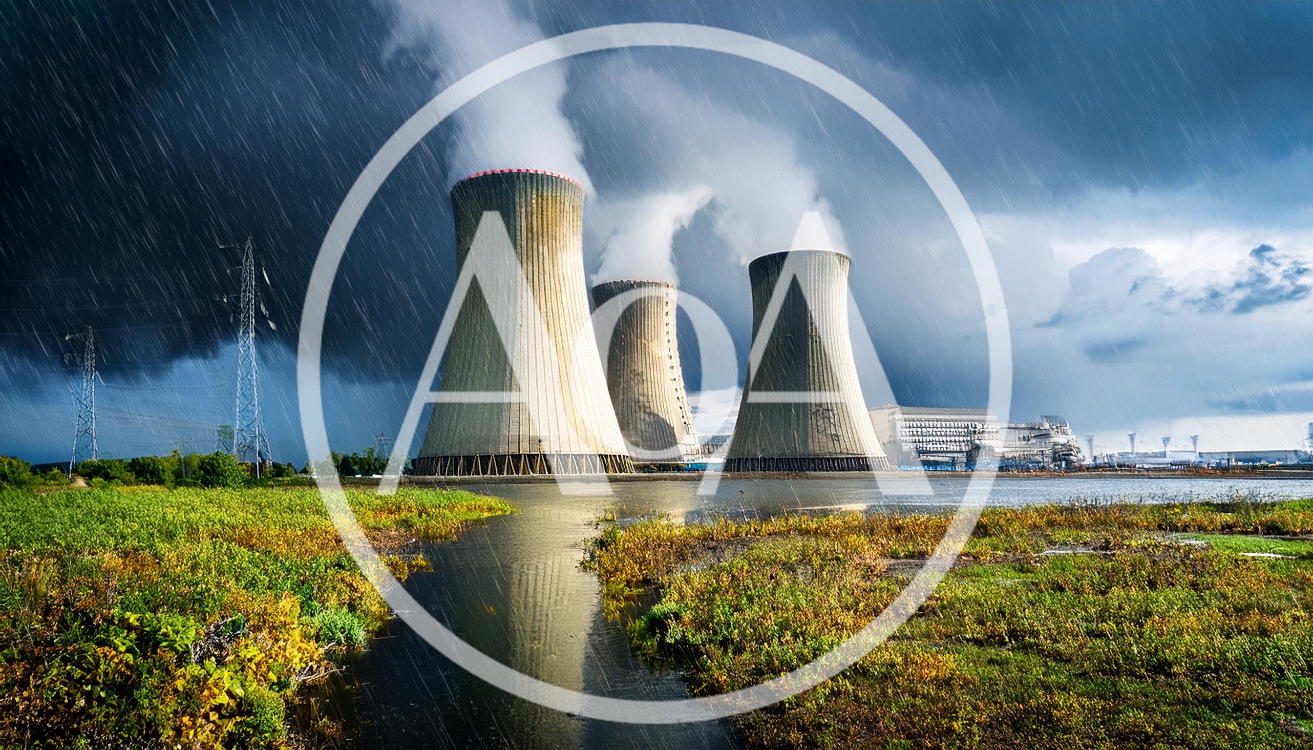 Nuclear Power Plant Cooling Towers Under Stormy Rainy Sky