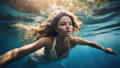 Woman Swimming Underwater In A White Dress