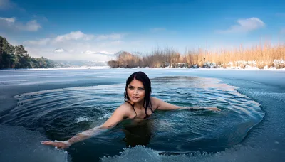 Woman Swimming In A Frozen Lake Hole