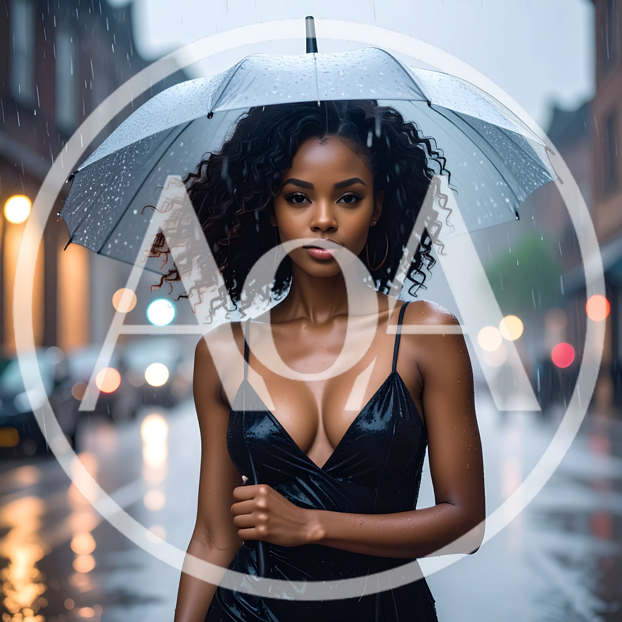 Beautiful Woman Holding Umbrella In Rainy City Street