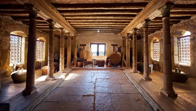 Ancient Stone Interior With Wooden Pillars And Artifacts