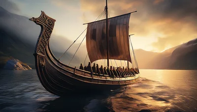 Viking Longship Sailing Through Misty Fjord At Sunset